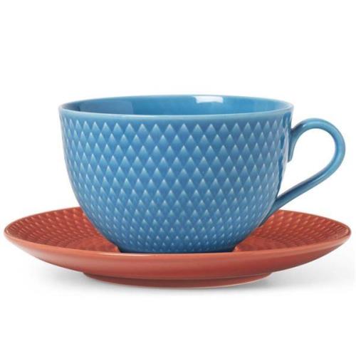 Lyngby Porcelain - Rhombe Color Tekopp m Fat 39 cl Blå/Terracotta