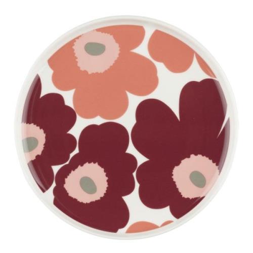 Marimekko - Oiva Unikko tallrik 20 cm vit/mörk körsbär/lax röd