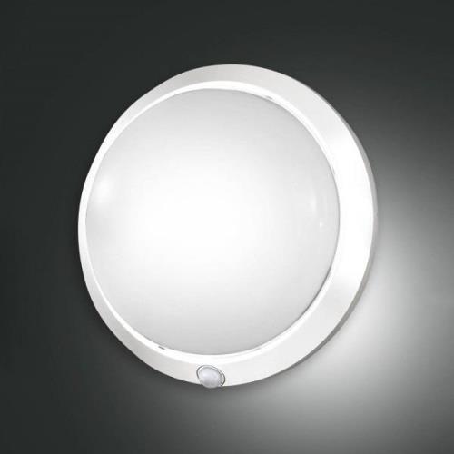 Fabas Luce Armilla utomhusvägglampa, vit, rörelsevakt, Ø 30 cm