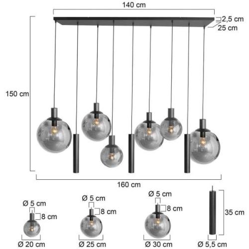 Steinhauer Bollique hänglampa, svart, 9 lampor lång, glas, metall