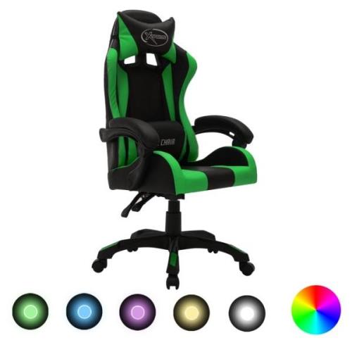 vidaXL Gamingstol med RGB LED-lampor grön och svart konstläder