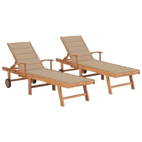 vidaXL Solsäng 2 st med beige dyna massiv teak