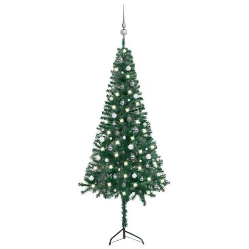 vidaXL Plastgran för hörn med LED och julgranskulor grön 240 cm PVC