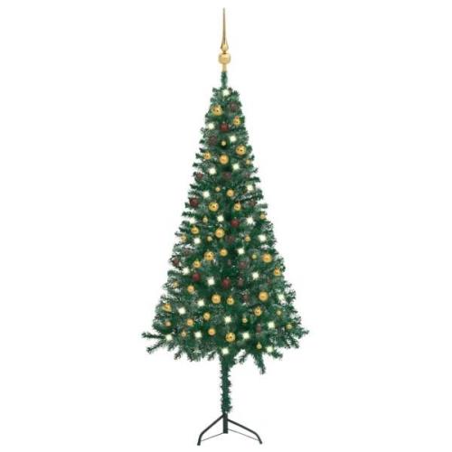 vidaXL Plastgran för hörn med LED och julgranskulor grön 240 cm PVC