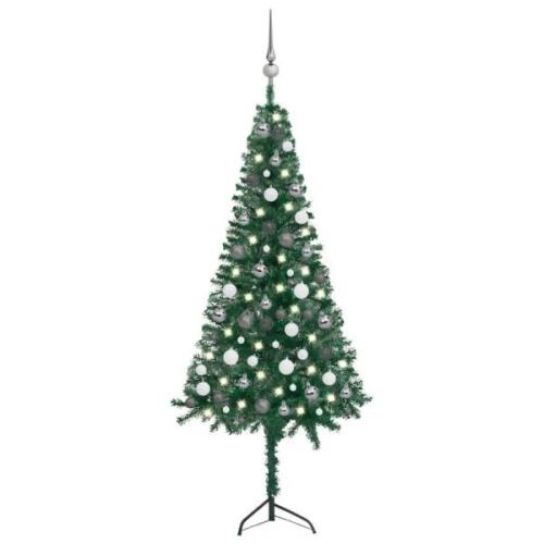 vidaXL Plastgran för hörn med LED och julgranskulor grön 150 cm PVC