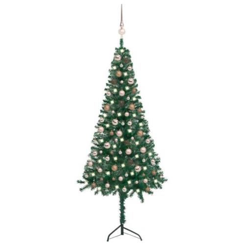 vidaXL Plastgran för hörn med LED och julgranskulor grön 180 cm PVC