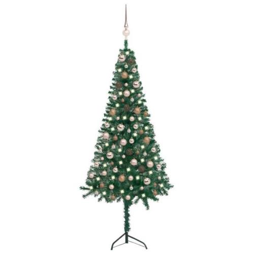 vidaXL Plastgran för hörn med LED och julgranskulor grön 150 cm PVC