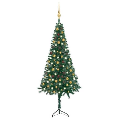 vidaXL Plastgran för hörn med LED och julgranskulor grön 210 cm PVC