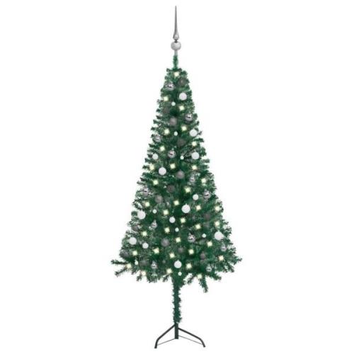 vidaXL Plastgran för hörn med LED och julgranskulor grön 210 cm PVC