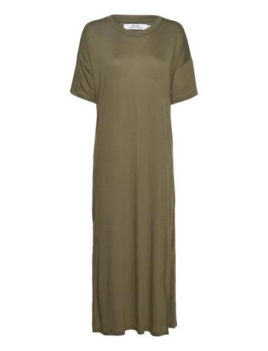 DEDICATED Long T-Shirt Dress Ronneby Leaf Green Khaki Green