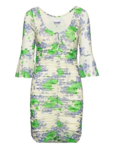 Ganni Printed Mesh U-Neck Ruched Mini Dress Grön