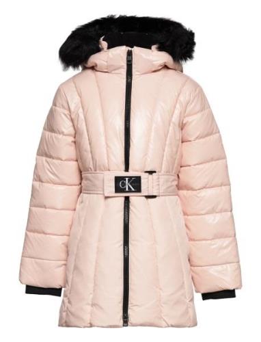 Calvin Klein Long Belted Puffer Coat Rosa