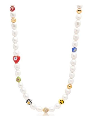 Nialaya Men's Smiley Face Pearl Choker With Assorted Beads Vit