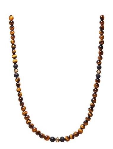 Nialaya Beaded Necklace With Brown Tiger Eye And Gold Brun