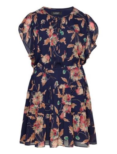 Lauren Women Floral Crinkle Georgette Tie-Neck Dress Marinblå