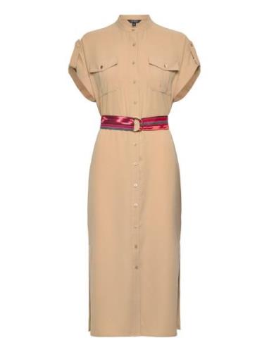 Lauren Ralph Lauren Belted Double-Faced Georgette Shirtdress Beige