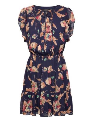 Lauren Ralph Lauren Floral Crinkle Georgette Tie-Neck Dress Marinblå