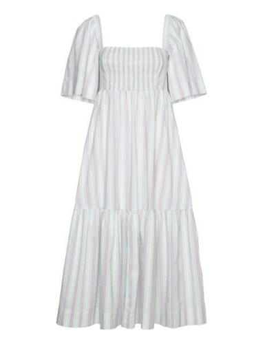 Ganni Stripe Seersucker Ruffle Midi Dress Blå