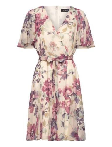 Lauren Ralph Lauren Floral Crinkle Georgette Surplice Dress Kräm