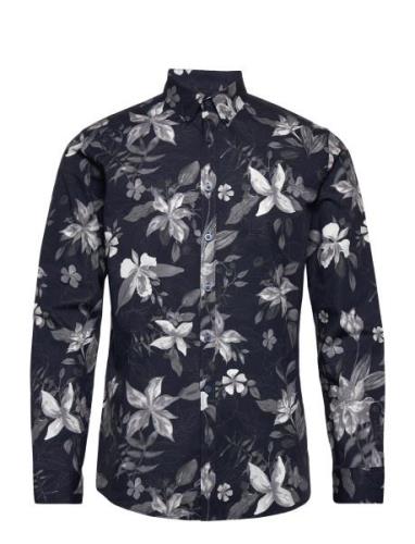 Lindbergh Aop Flower Superflex Shirt L/S Marinblå