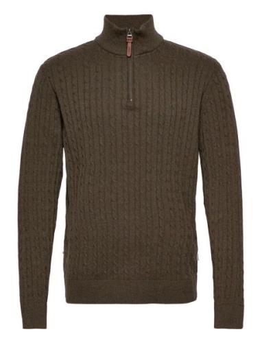 Lindbergh 1/2 Zip Cable Knit Khaki Green