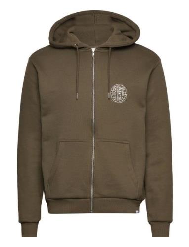 Les Deux Globe Zipper Hoodie Khaki Green