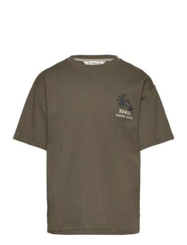 Mango Printed Cotton-Blend T-Shirt Khaki Green