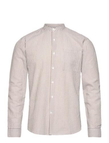 Lindbergh Seersucker Manderin Shirt L/S Kräm