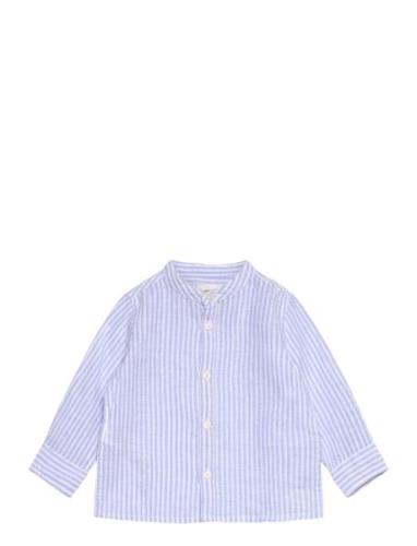 Mango Striped Mandarin-Collar Linen Shirt Blå