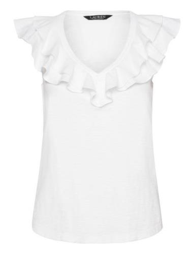 Lauren Ralph Lauren Ruffle-Trim Slub Jersey Sleeveless Tee Vit