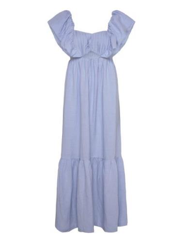 Malina Emilie Frill Detailed Linen Blend Maxi Dress Blå