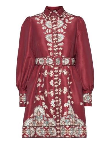 Malina Mathilde Belted Printed Mini Dress Burgundy