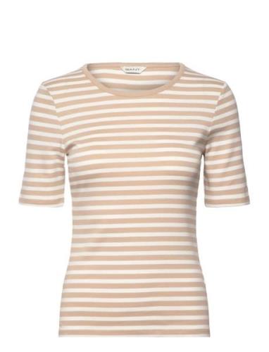 GANT Slim Striped 1X1 Ribbed Ss T-Shirt Kräm