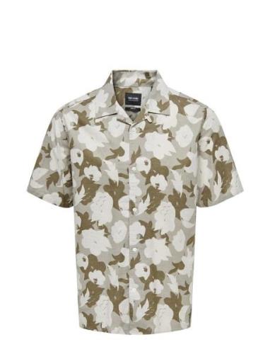 ONLY & SONS Onstrev Reg Ctn Lin Aop Ss Shirt Noos Khaki Green