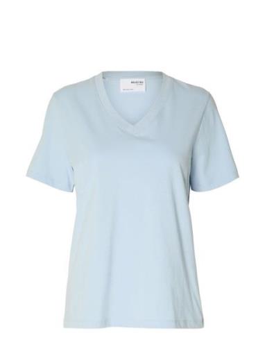 Selected Femme Slfessential Ss V-Neck Tee Noos Blå