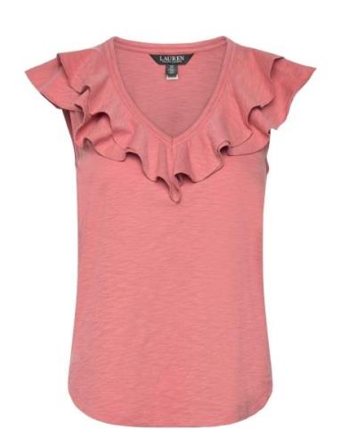 Lauren Ralph Lauren Ruffle-Trim Slub Jersey Sleeveless Tee Rosa