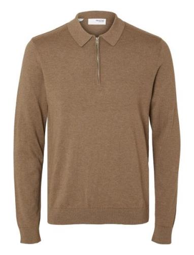 Selected Homme Slhberg Ls Half Zip Polo Noos Beige