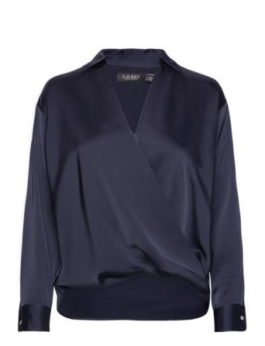 Lauren Ralph Lauren Satin Charmeuse Surplice Blouse Marinblå