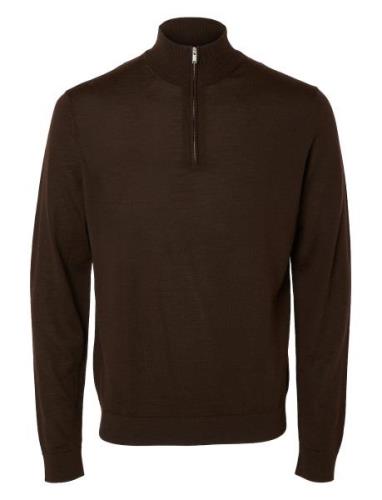 Selected Homme Slhtray Ls Knit Merino Half Zip Noos Brun