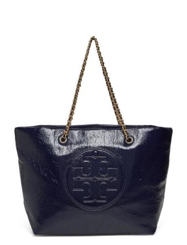 Tory Burch Ella Crinkle Patent Chain Tote Marinblå