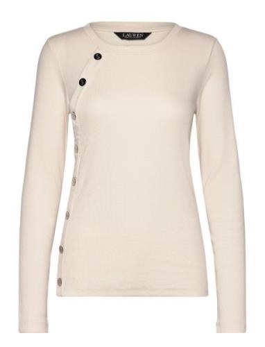 Lauren Ralph Lauren Button-Trim Rib-Knit Cotton-Blend Top Kräm