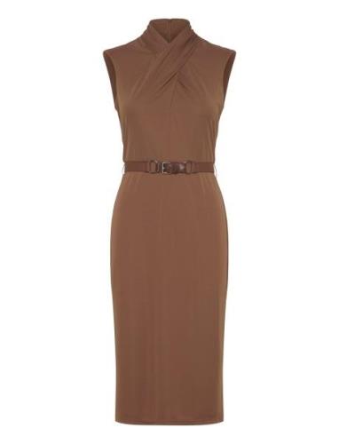 Lauren Ralph Lauren Belted Jersey Mockneck Dress Brun