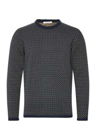 Knowledge Cotton Apparel Jacquard Crew Neck Knit - Regenerat Marinblå