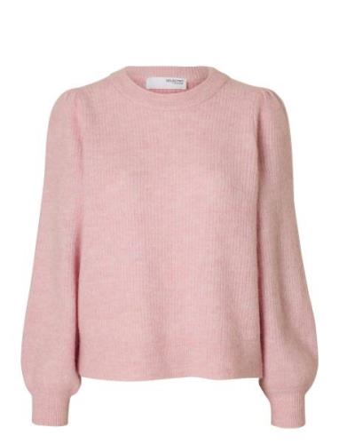 Selected Femme Slflulu Ls Knit Rib O-Neck Noos Rosa